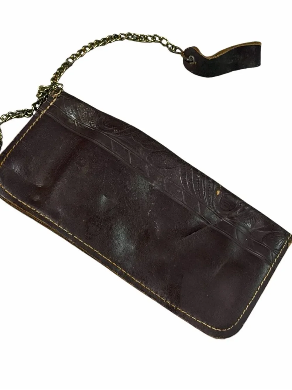 VINTAGE Brown Genuine Cowhide Tooled Leather Wallet With Chain